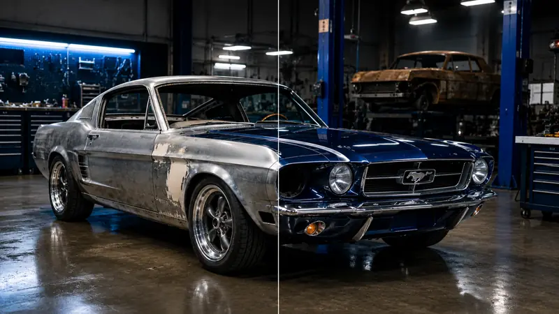 Classic car with paint partially removed by laser
