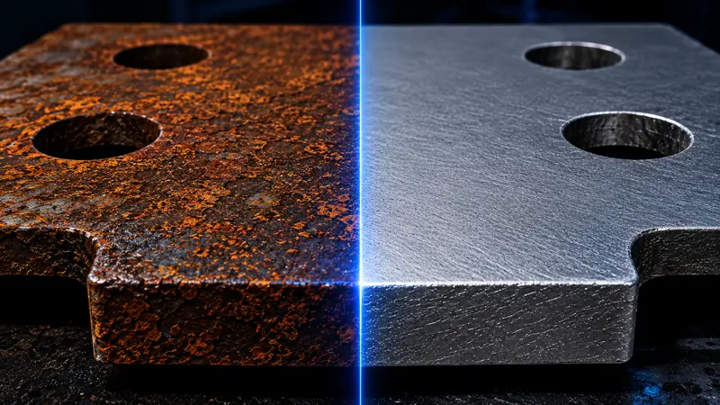 Steel plate half rusted and half laser cleaned to bare metal